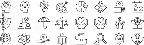 Collection of Business and Finance Icons Representing Various Concepts in a Line Art Style