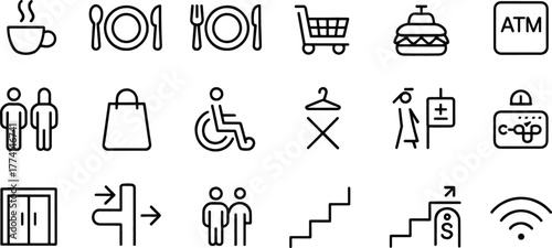 Collection of common public service facility icons in a minimal line art style suitable for various applications