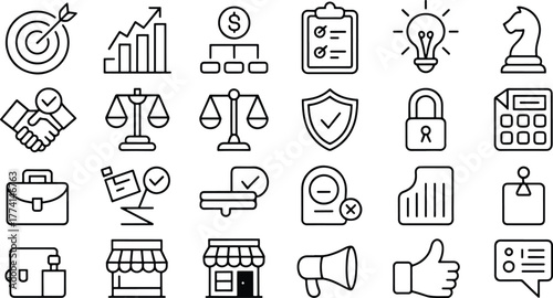Business and Finance Icon Set Symbolizing Growth Strategy and Success in Various Domains Like Law Marketing and Security