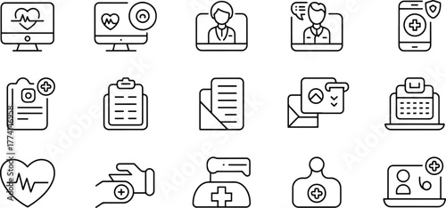 Collection of Healthcare and Medical Icons Representing Telemedicine Online Appointments and Patient Records