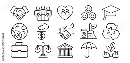 Business and Social Responsibility Icons in Outline Style Representing Values and Concepts
