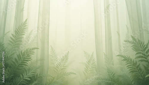 Mystical Green Forest with Tall Trees and Ferns in Soft Light