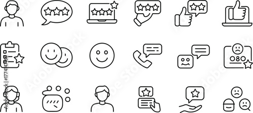 Customer Feedback and Satisfaction Icons Depicting Reviews Ratings and Support Channels in Black and White