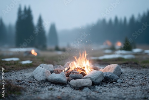Outdoor Campfire Flames Glowing in a Dark Forest Landscape with Misty Atmosphere and Distant Lights in a Winter Scene