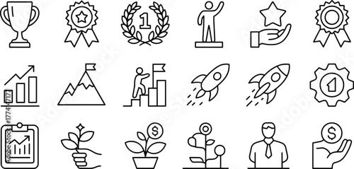 Business success and achievement outline icons set representing growth targets rewards and financial gain with minimalist design style
