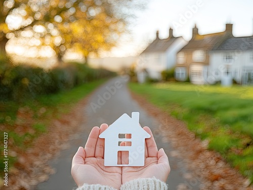 Person's Hands Gently Holding a White Paper House Model Outdoors on a Leaf-Strewn Path Lined with Autumn Trees and Cottages in Soft Sunlight