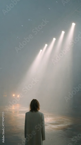 Person Standing In Foggy Environment Under Dramatic Stage Lighting With Reflections On Wet Floor Looking Towards Distant Vehicles