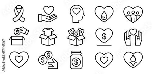 Charity and Donation Icon Set for Social Good and Community Support Initiatives