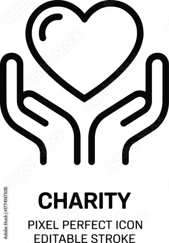 Charity icon showing heart in hands represents giving love and support for healthcare donations and community development with care