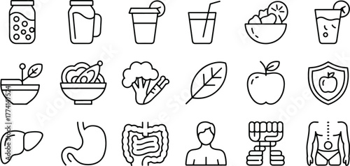 Healthy Lifestyle and Wellness Vector Line Icons Depicting Various Aspects of Health and Nutrition for Medical Illustrations