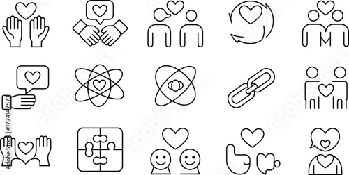 Icons set for love connection togetherness empathy and collaboration in thin line art style for website or social media design