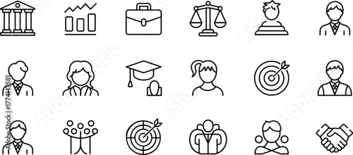 Line art icons representing business management strategy law and education depicting success and partnership achievements