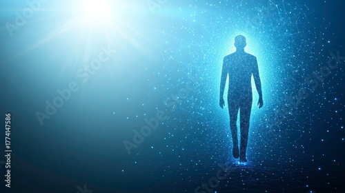Abstract digital illustration of a person walking, illuminated by light