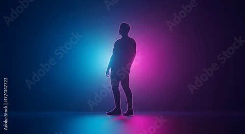 Abstract silhouette of a person illuminated by vibrant neon lights, modern digital art concept