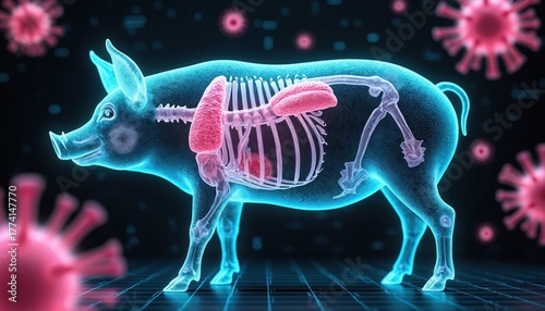 Digital rendering of translucent pig shows internal anatomy, vital organs, skeleton. Red virus particles surround animal, signifying infection, disease spreading. Image represents porcine health,