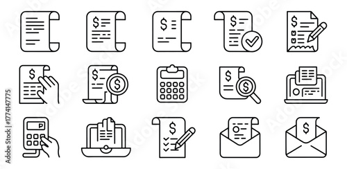 Collection of Business and Finance Icons Featuring Bills Receipts and Accounting Elements for Corporate Management