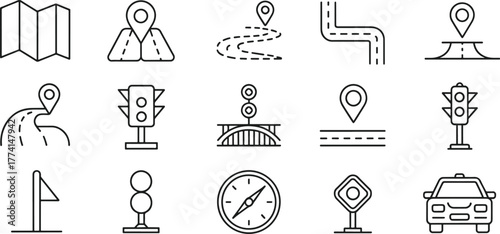 Road trip elements in line art including maps compass and traffic lights for travel and navigation needs