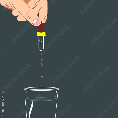 Illustration of a hand using a dropper to put liquid drops into a glass of water against a dark background, representing dosage and medicine.