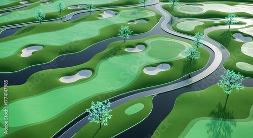 Futuristic Golf Course Design with Winding Paths and Lush Greenery in an Aerial View