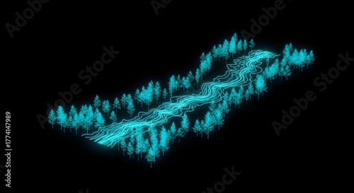 Vibrant neon river winding through an ethereal digital forest in a futuristic glow