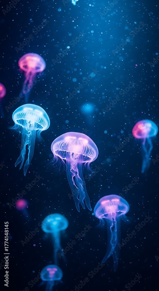 Naklejka premium Glowing jellyfish swimming in deep blue water illuminated against dark background