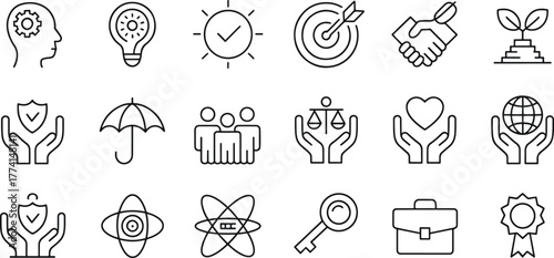 Collection of Simple Linear Icons Depicting Business Concepts and Social Responsibility in a Clean and Modern Style