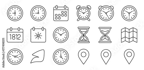 Collection of Time and Location Icons Vector Graphic Outline Style Depicting Time Management and Travel Essentials