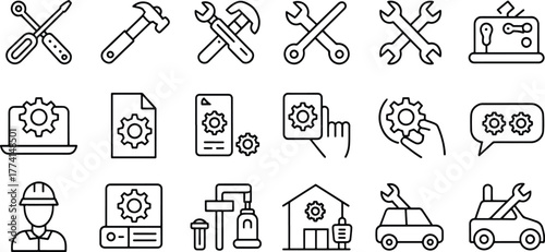 Set of Vector Icons Representing Mechanical Engineering Tools and Technology in Line Art Style for Infographics