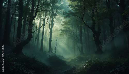 Mystical Green Forest with Dense Trees and Foggy Atmosphere in Natural Setting