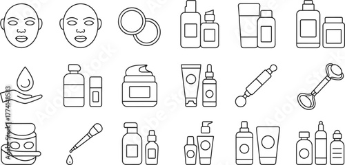 Skincare Product Lineup Line Art Facial Care Routine Essential Items for Healthy Radiant Skin Beauty and Wellness Concept