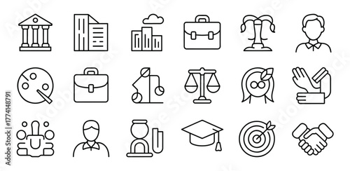 Diverse Business and Legal Icons Representing Various Aspects of Professional Life and Justice System