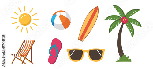 Summer and Beach Icon Set with Sun, Ball, Chair, and Palm