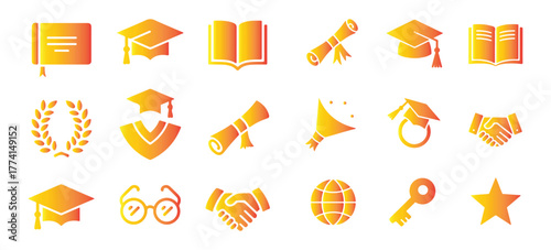 Graduation and Education Icons in Orange Gradient