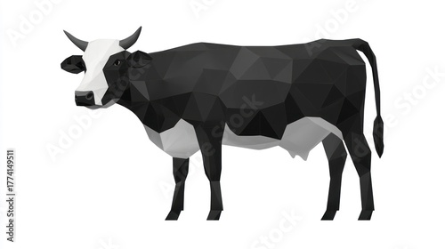Low-poly illustration of a black and white cow