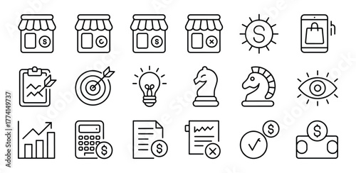 Set of black and white line art business related icons suitable for infographics or presentations depicting growth and strategy