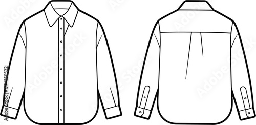 Button-up shirt technical sketch, long sleeve front and back view fashion drawing, garment flat template, apparel design vector, cad drawing flat vector illustration