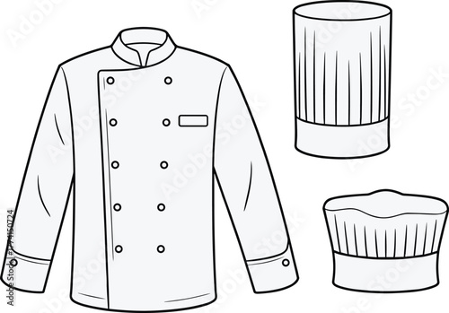 Chef uniform illustration, double-breasted jacket and hat styles, culinary attire mockup, professional kitchen wear template, cad drawing flat vector illustration