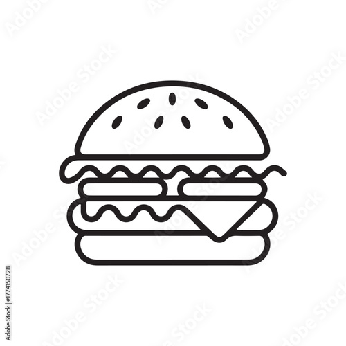 Delicious Burger Outline Icon Featuring Sesame Seed Bun Cheese Patty and Fresh Lettuce for Restaurant Menu Design