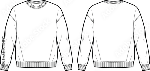 Crewneck sweatshirt front and back view, ribbed cuffs and hem sketch, fashion flat drawing, clothing vector outline, cad drawing flat vector illustration