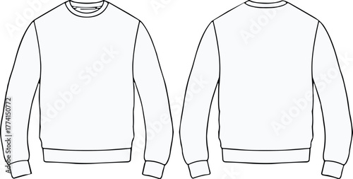 Crewneck sweatshirt design illustration, front and back views, ribbed cuffs and hem, minimal garment mockup, cad drawing flat vector illustration