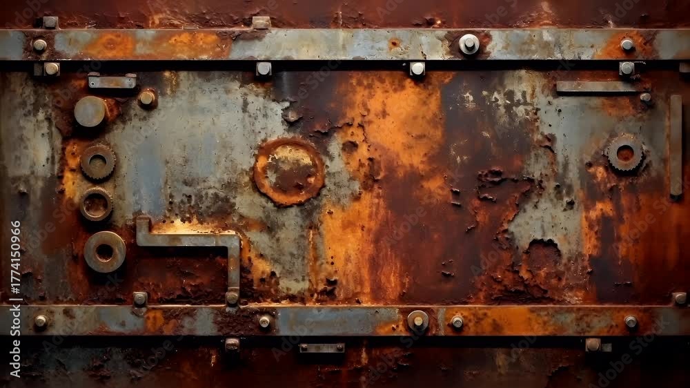Digital art wallpaper background. A closeup of a rusted metal surface with rivets and bolts. The metal has a rich, reddishbrown hue with patches of rust and discoloration.
