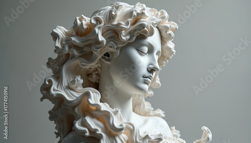 Sculpture of woman with ornate hair. White statue in studio. Female head bust with closed eyes. Concept of inner peace or history. Art object in classic style. Digital art with ornaments.