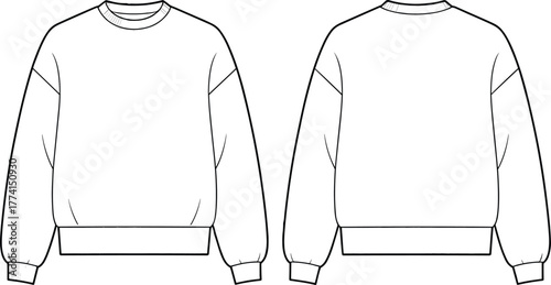Dropped shoulder crewneck sweatshirt front and back view, ribbed cuffs and hem sketch, fashion flat drawing, clothing vector outline, cad drawing flat vector illustration