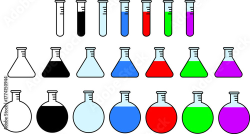 Science Lab Test Tubes, Flasks, and Beakers with Colorful Liquids for Chemical Research