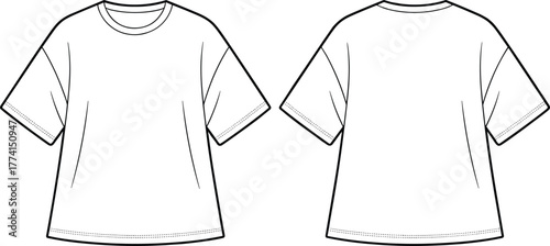 Drop shoulder oversized T-shirt front and back view, relaxed fit sketch, fashion flat drawing, clothing vector outline, cad drawing flat vector illustration