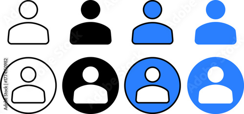 Versatile collection of minimalist person icons, featuring outline and filled styles in black and blue, perfect for user profiles and account interfaces in digital design applications