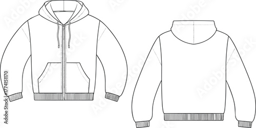 Hooded zip-up sweatshirt front and back view, kangaroo pockets and drawstring sketch, fashion flat drawing, clothing vector outline, cad drawing flat vector illustration