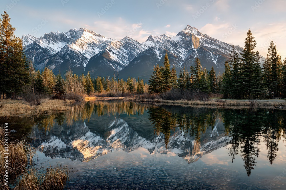 Naklejka premium Scenic Mountain Reflection in Calm Lake at Sunrise with Snowy Peaks Evergreen Trees and Clear Sky in Serene Outdoor Landscape