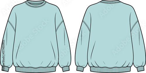Oversized sweatshirt technical sketch, front and back view fashion drawing, ribbed neckline cuffs hem, garment flat template, apparel design vector, cad drawing flat vector illustration