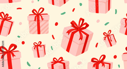 Seamless pattern of pink gift boxes with red ribbons and confetti on a beige background.